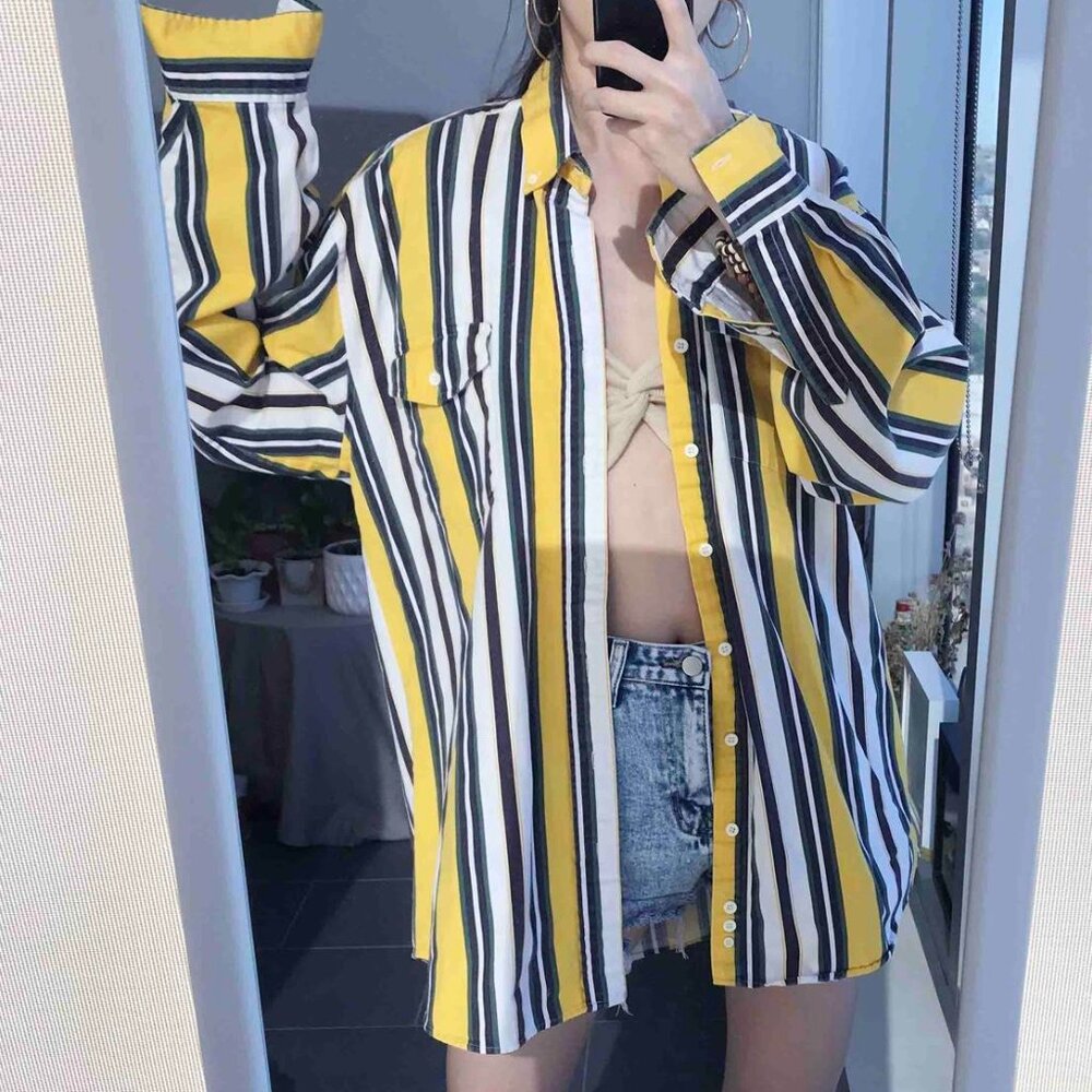 Yellow white unisex oversized striped shirt
